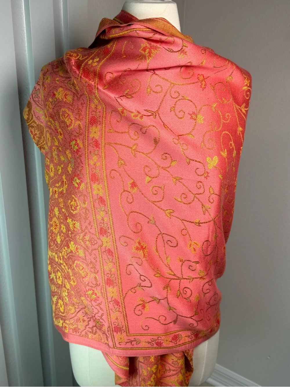 Pashmina Silk Blend Coral Pink Gold Floral Reversible Shawl Wrap Scarf